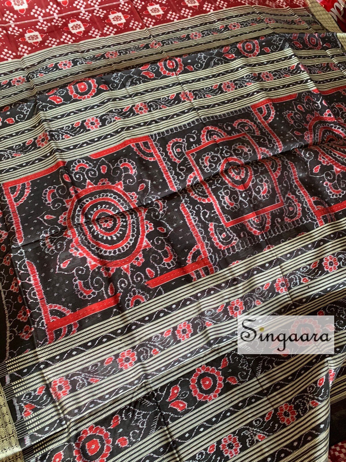 Red and Black Odisha Sambalpuri Pasapali Double Ikat Silk Saree