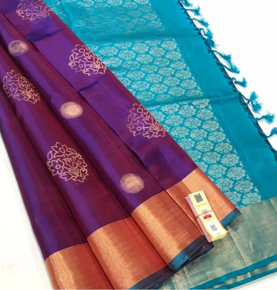 Purple and Cyan Kanchipuram Soft Silk Saree