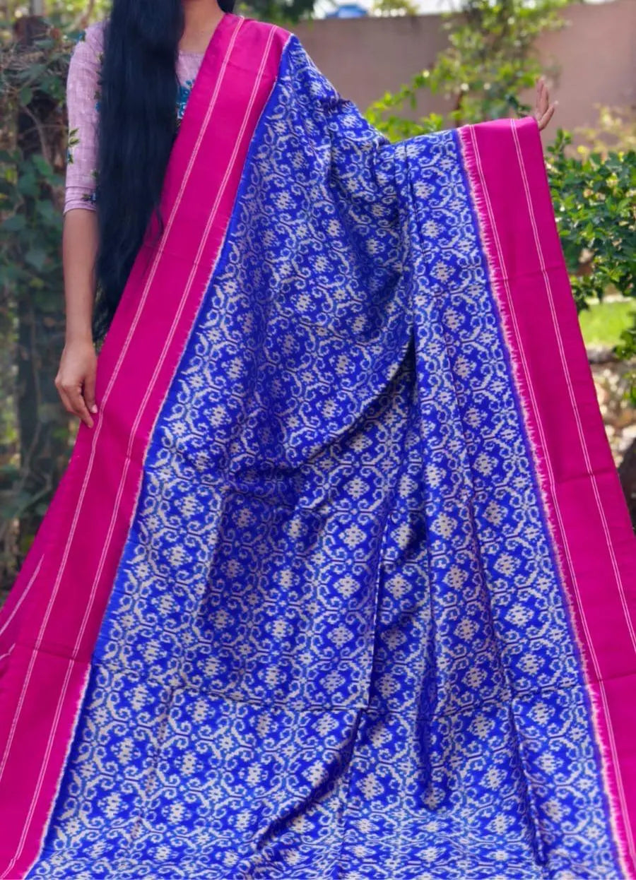 Indigo Blue Pochampally Ikat Silk Saree with Pink Striped Borders