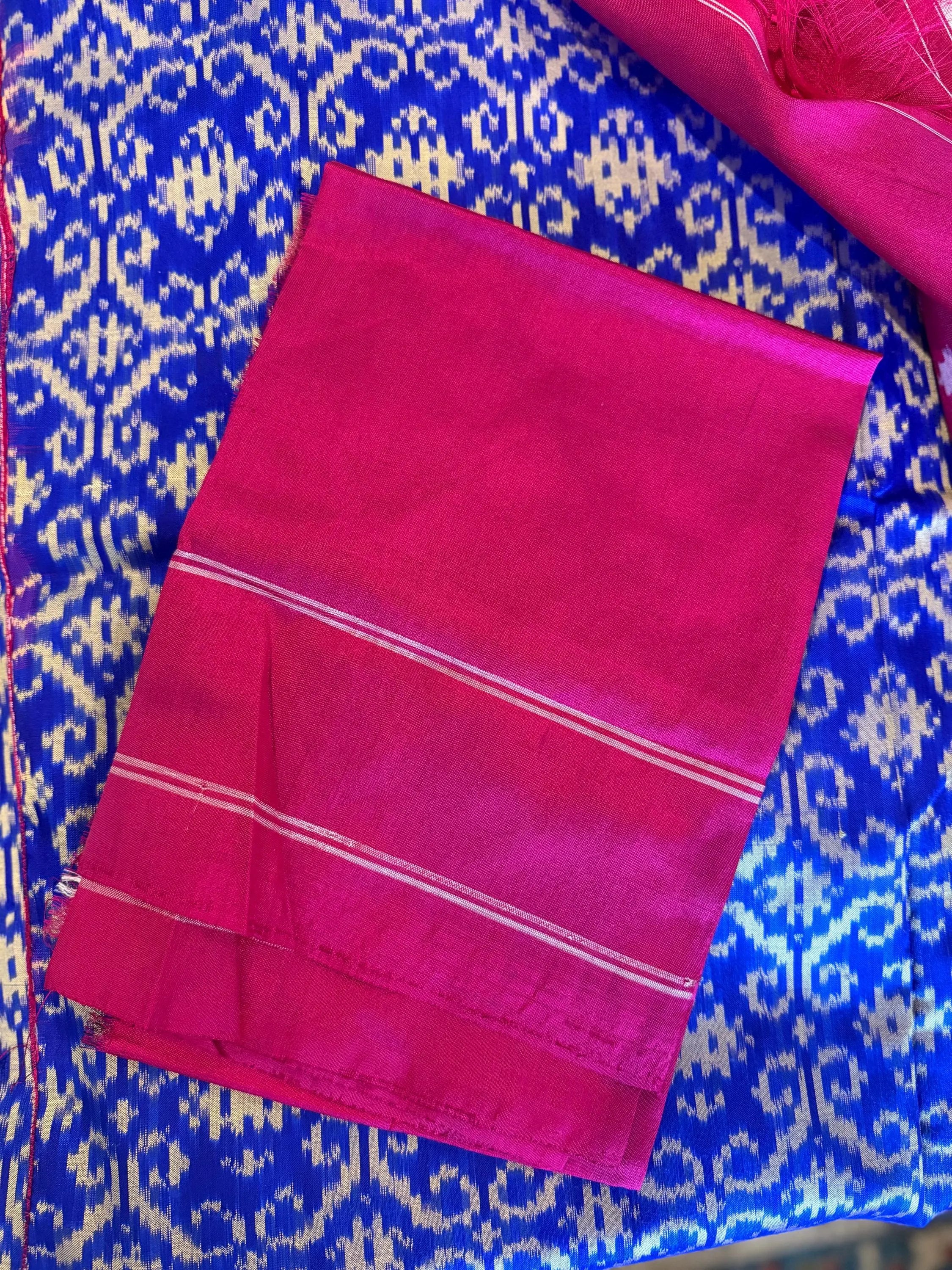 Indigo Blue Pochampally Ikat Silk Saree with Pink Striped Borders