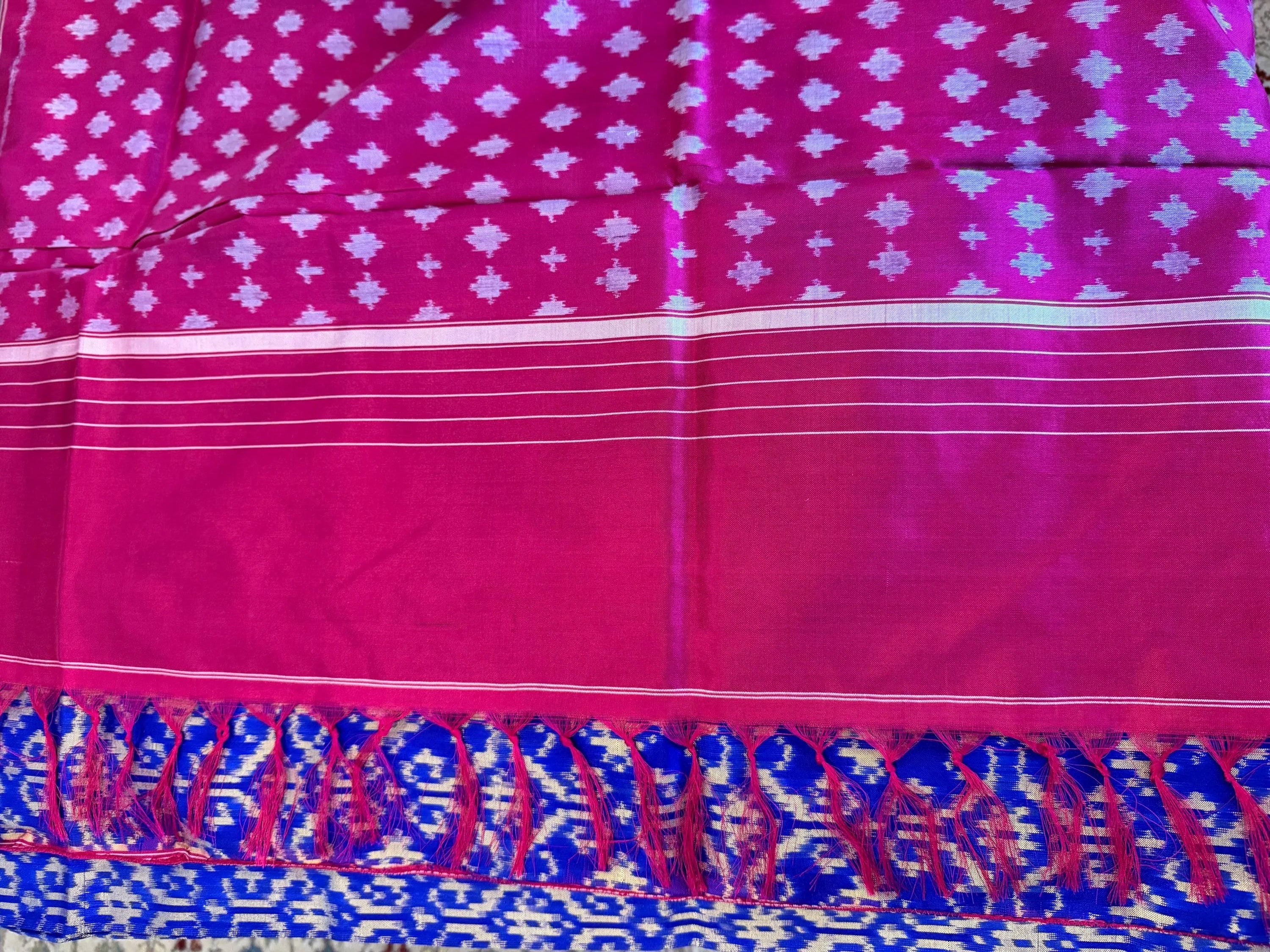 Indigo Blue Pochampally Ikat Silk Saree with Pink Striped Borders