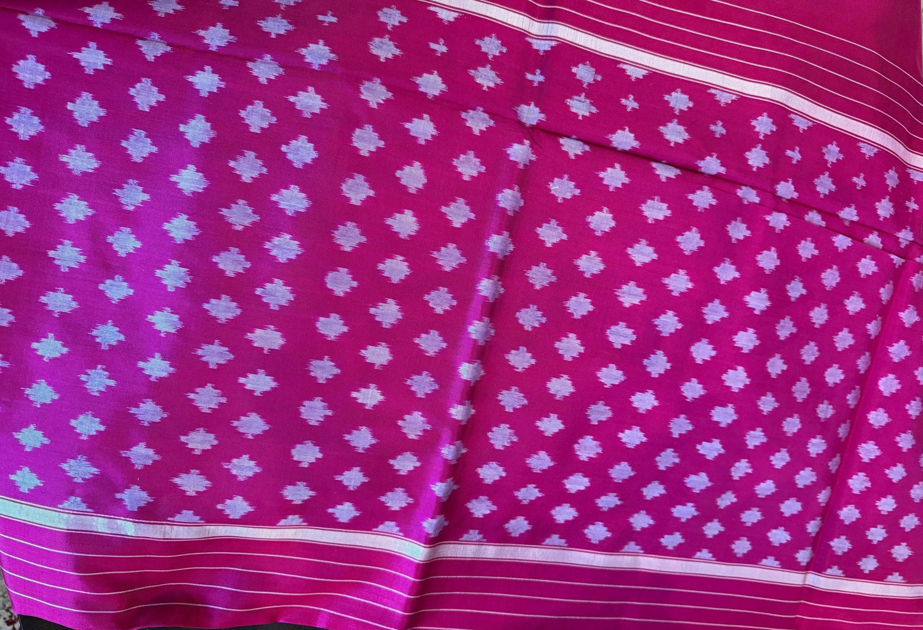 Indigo Blue Pochampally Ikat Silk Saree with Pink Striped Borders