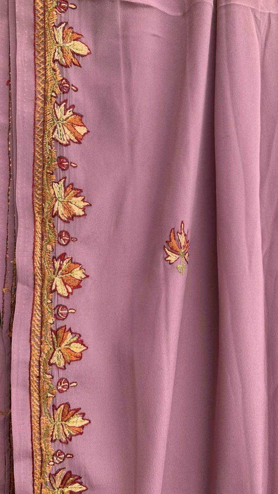 Lavender Kashmiri Sozni Embroidery Crepe Silk Saree