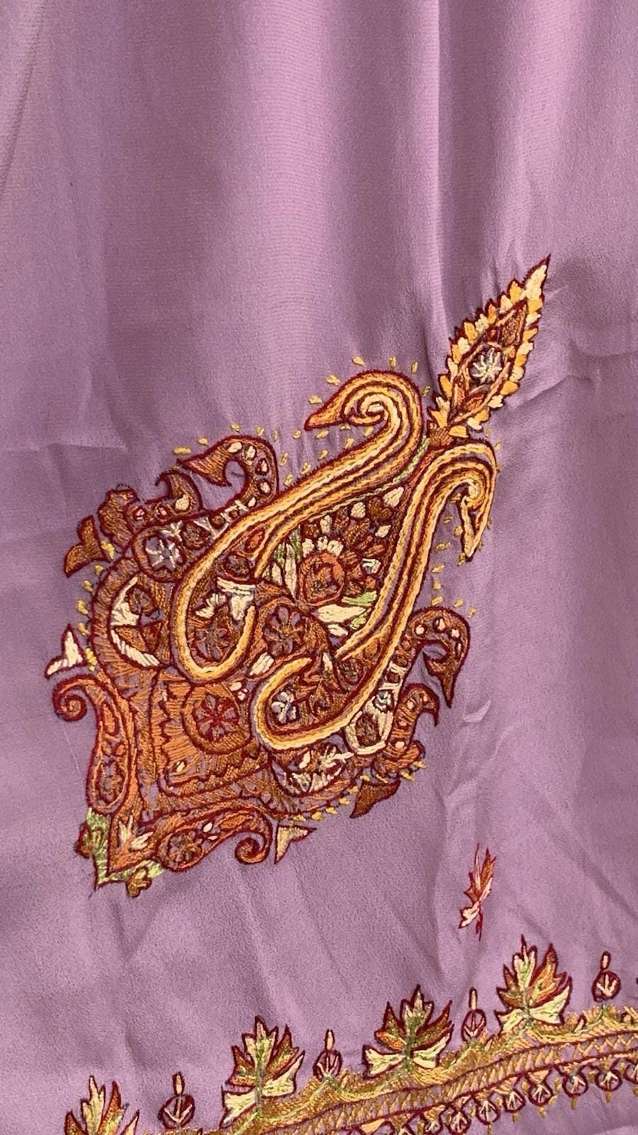 Lavender Kashmiri Sozni Embroidery Crepe Silk Saree