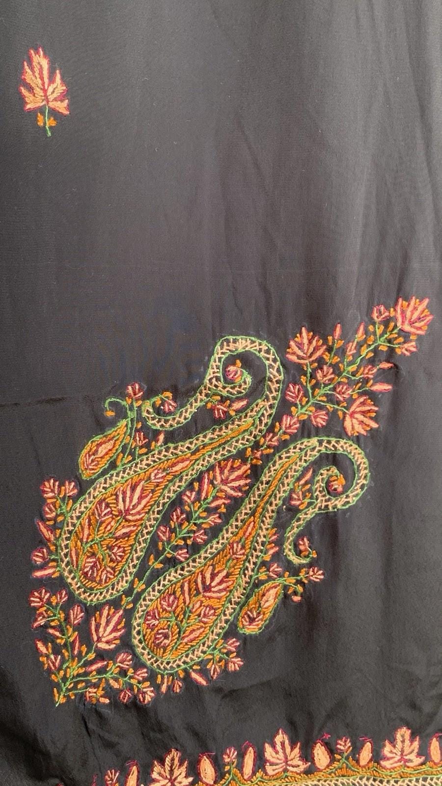 Black Kashmiri Sozni Embroidery Crepe Silk Saree