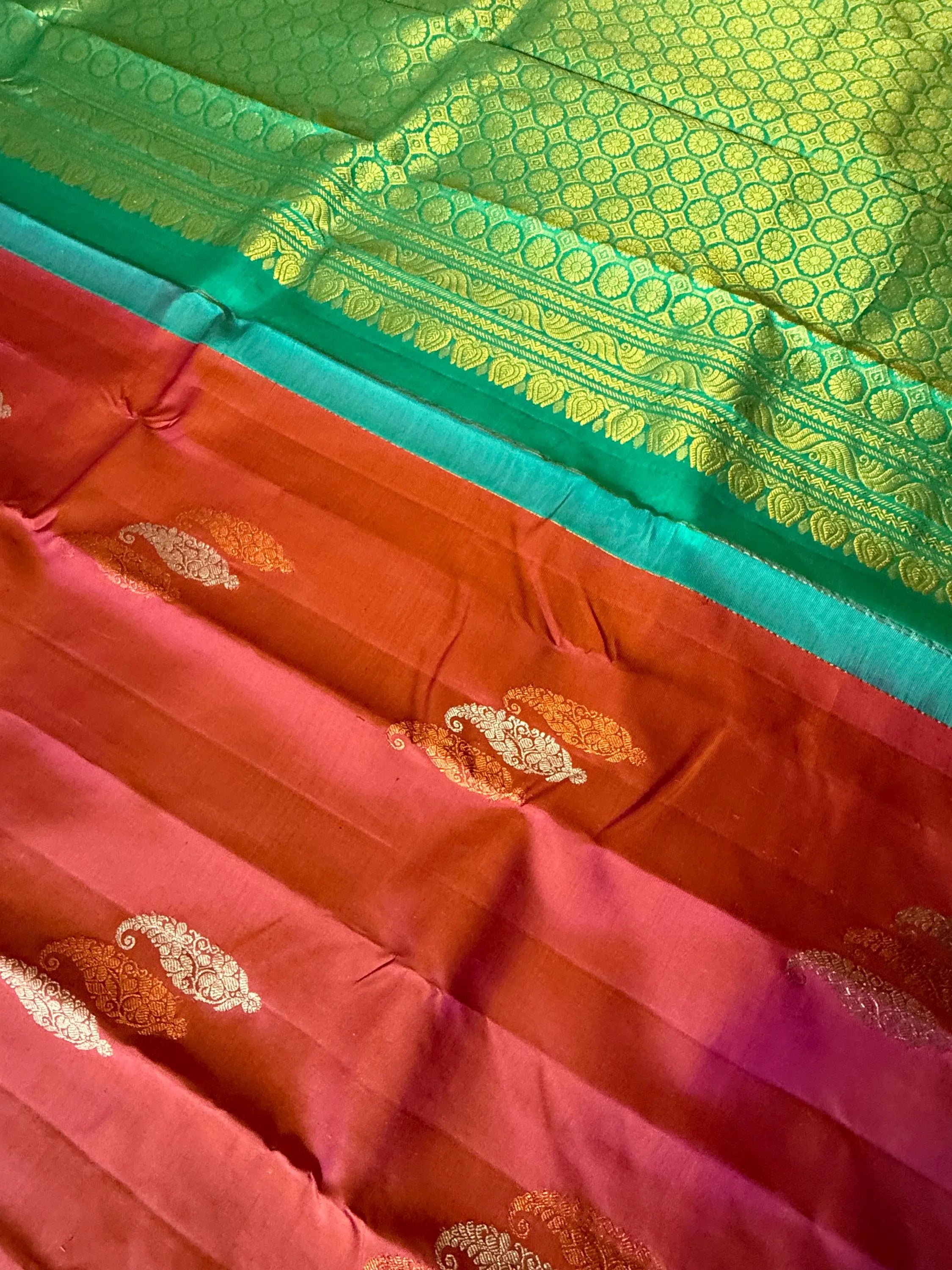 Wedding Brick Red Pink Dual Tone Kanchipuram Handloom Pure Silk Saree