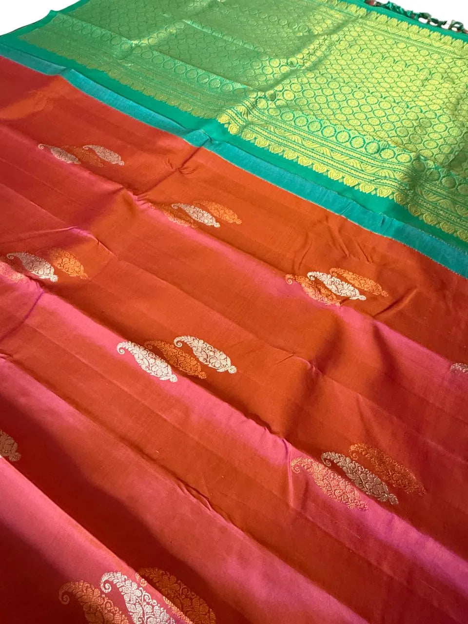 Wedding Brick Red Pink Dual Tone Kanchipuram Handloom Pure Silk Saree