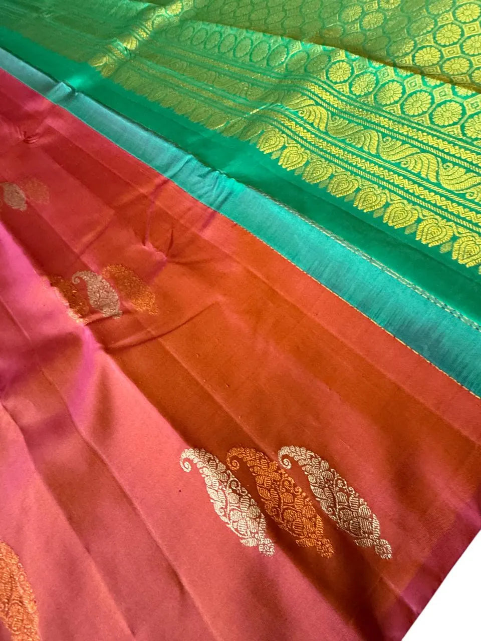 Wedding Brick Red Pink Dual Tone Kanchipuram Handloom Pure Silk Saree
