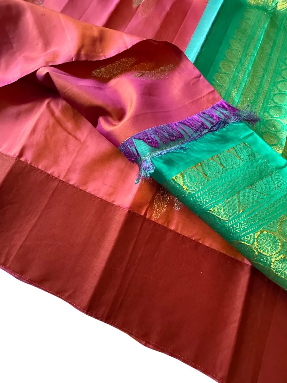 Wedding Brick Red Pink Dual Tone Kanchipuram Handloom Pure Silk Saree