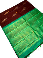 Sari en soie Kanchipuram tissé main, marron café, sans bordure