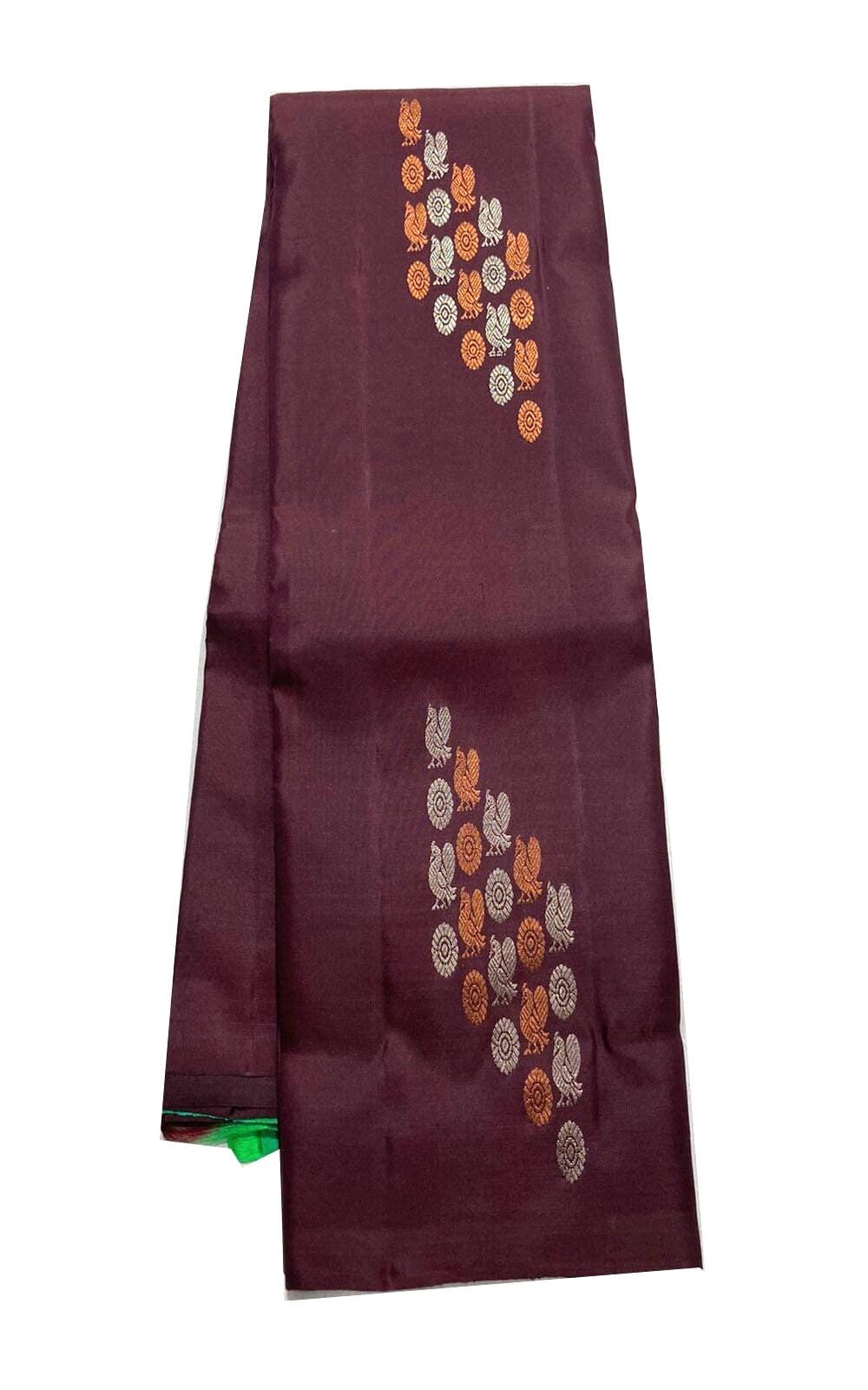 Sari en soie Kanchipuram tissé main, marron café, sans bordure