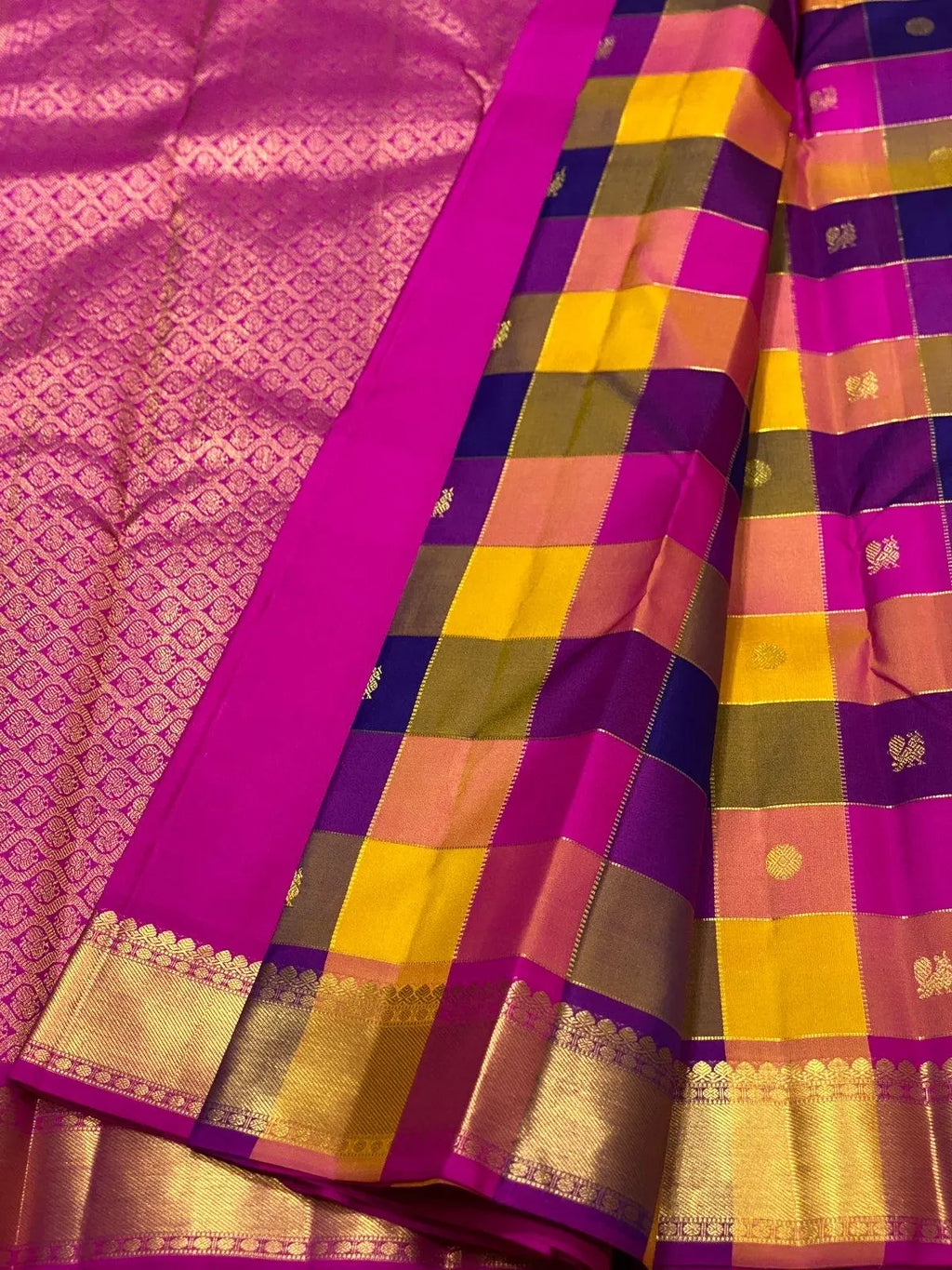 Checkered Mulitcolor Paalum Pazhavum Design Kanchipuram Silk Saree