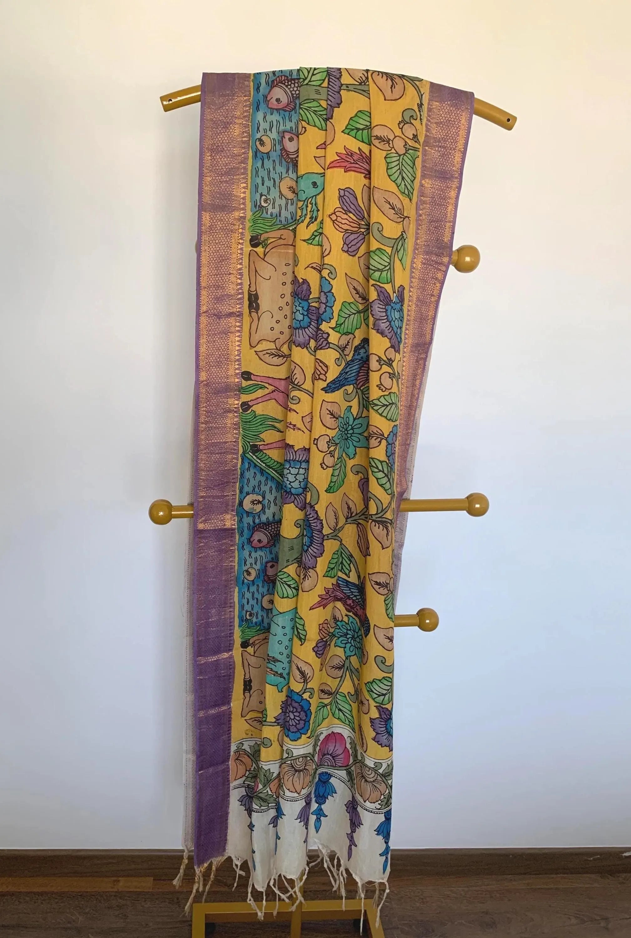 Golden Yellow Pen Kalamkari Silk Dupatta