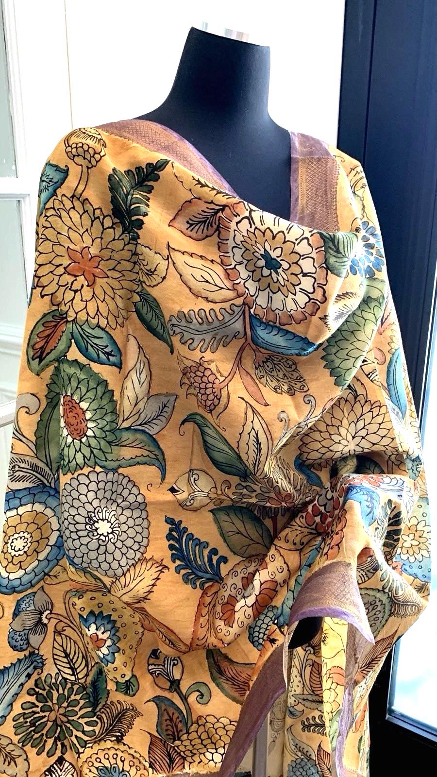 Chandan Beige Pen Kalamkari Silk Dupatta