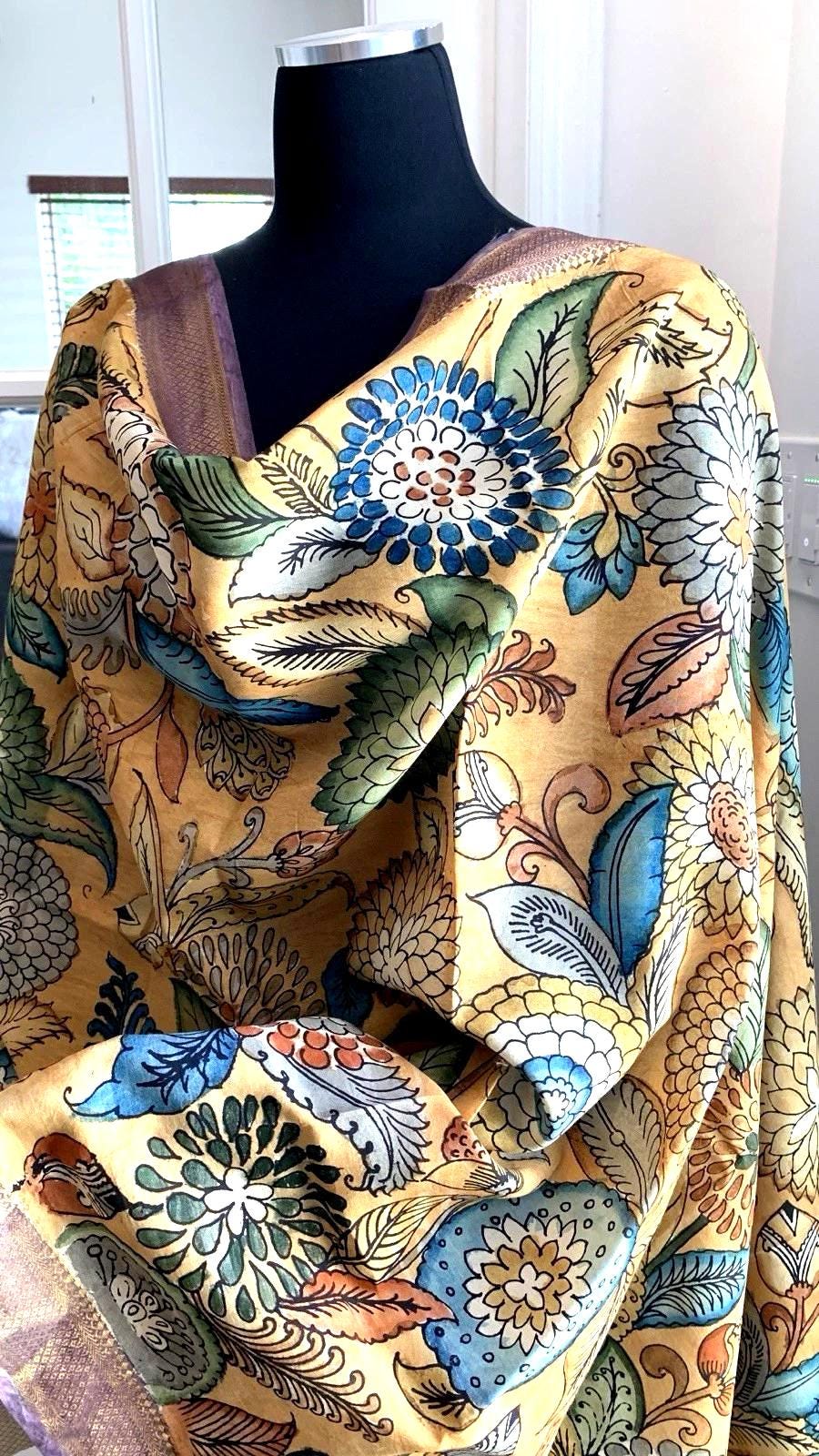 Chandan Beige Pen Kalamkari Silk Dupatta
