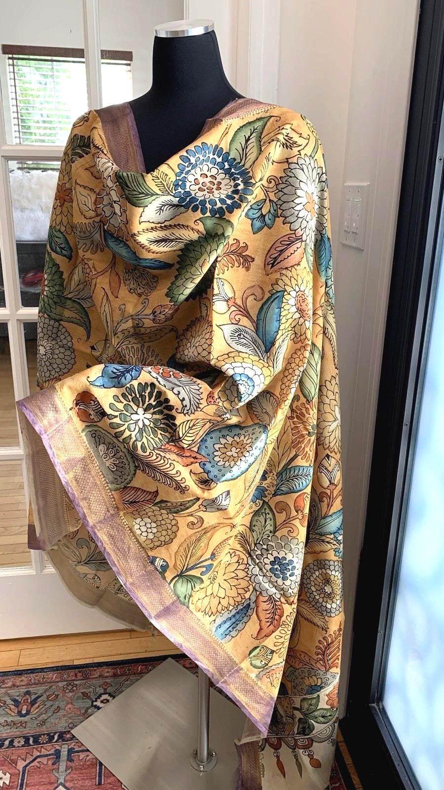 Chandan Beige Pen Kalamkari Silk Dupatta