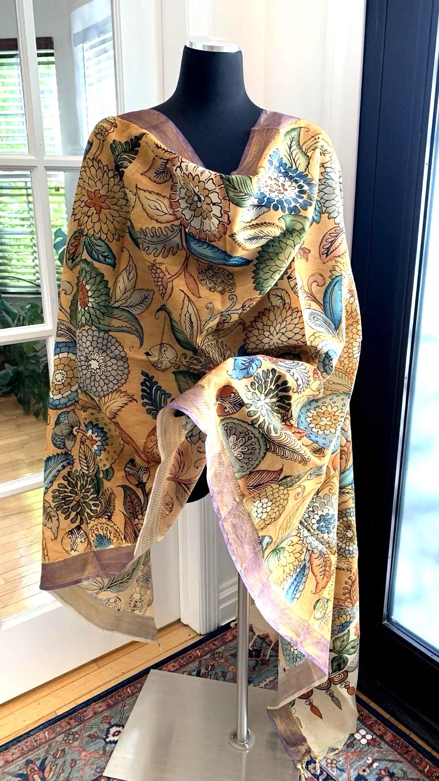 Chandan Beige Pen Kalamkari Silk Dupatta