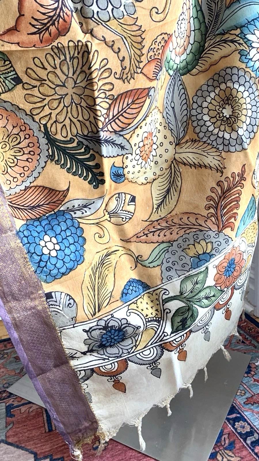 Chandan Beige Pen Kalamkari Silk Dupatta