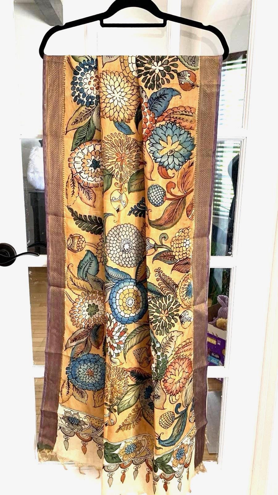 Chandan Beige Pen Kalamkari Silk Dupatta