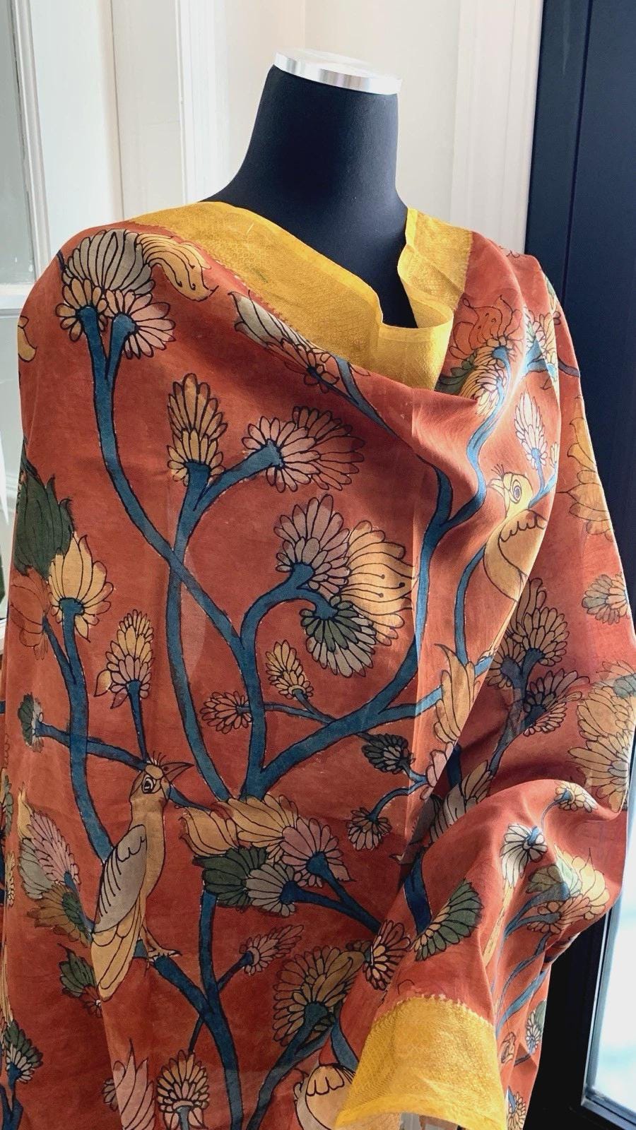 Brick Red Pen Kalamkari Silk Dupatta