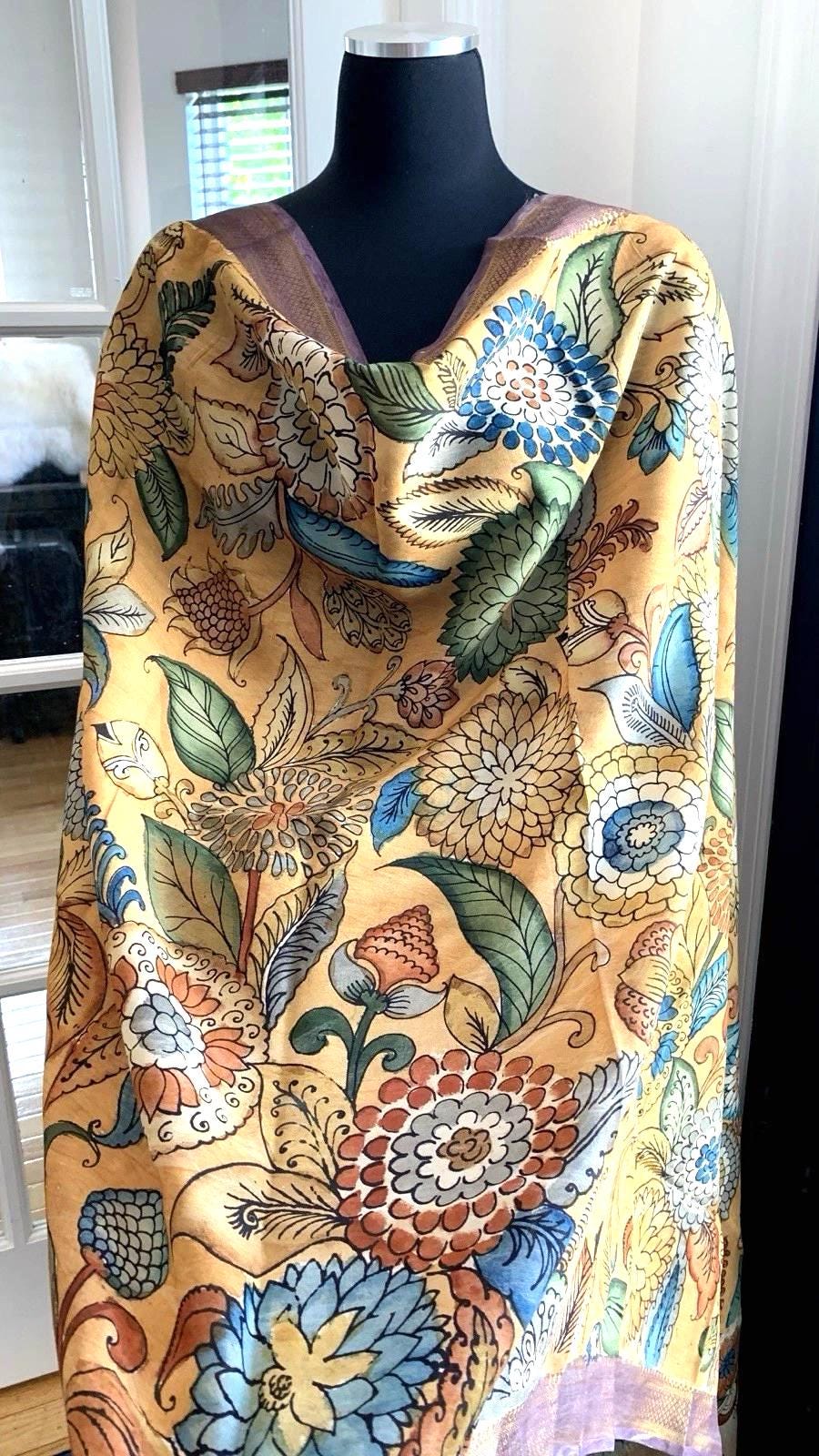 Chandan Beige Pen Kalamkari Silk Dupatta