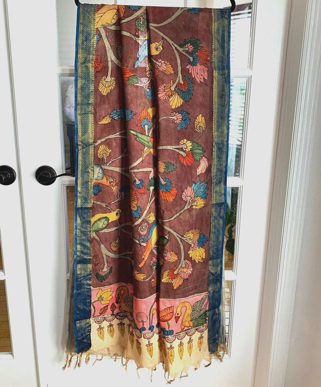 Brown Pen Kalamkari Silk Dupatta