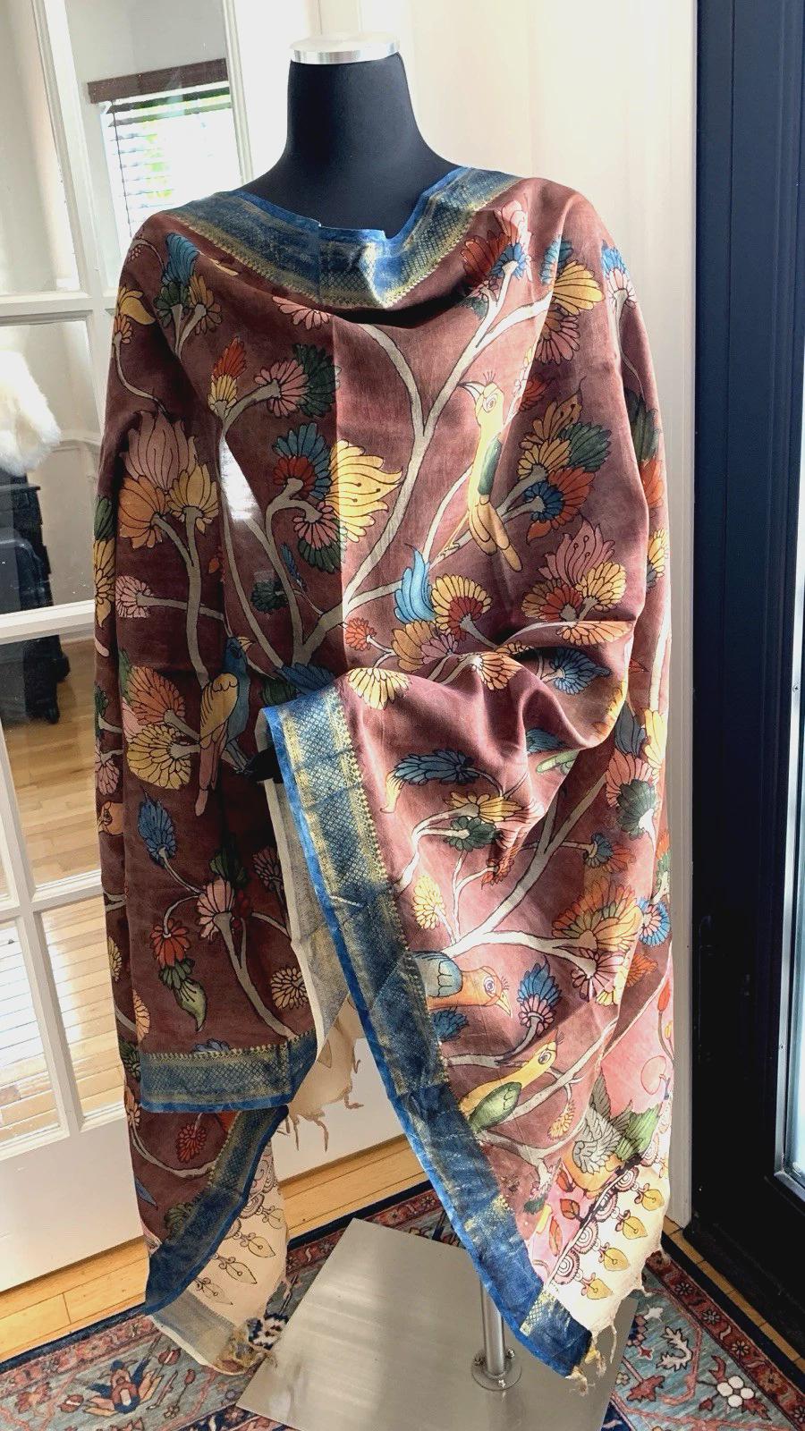 Brown Pen Kalamkari Silk Dupatta