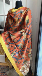Brick Red Pen Kalamkari Silk Dupatta