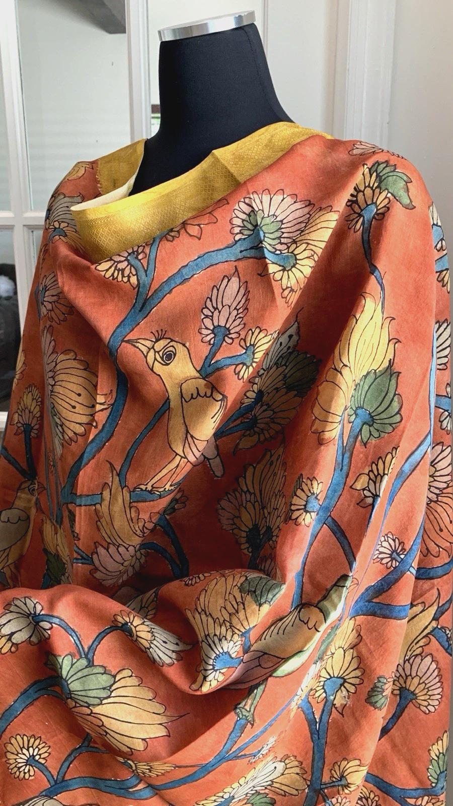 Brick Red Pen Kalamkari Silk Dupatta