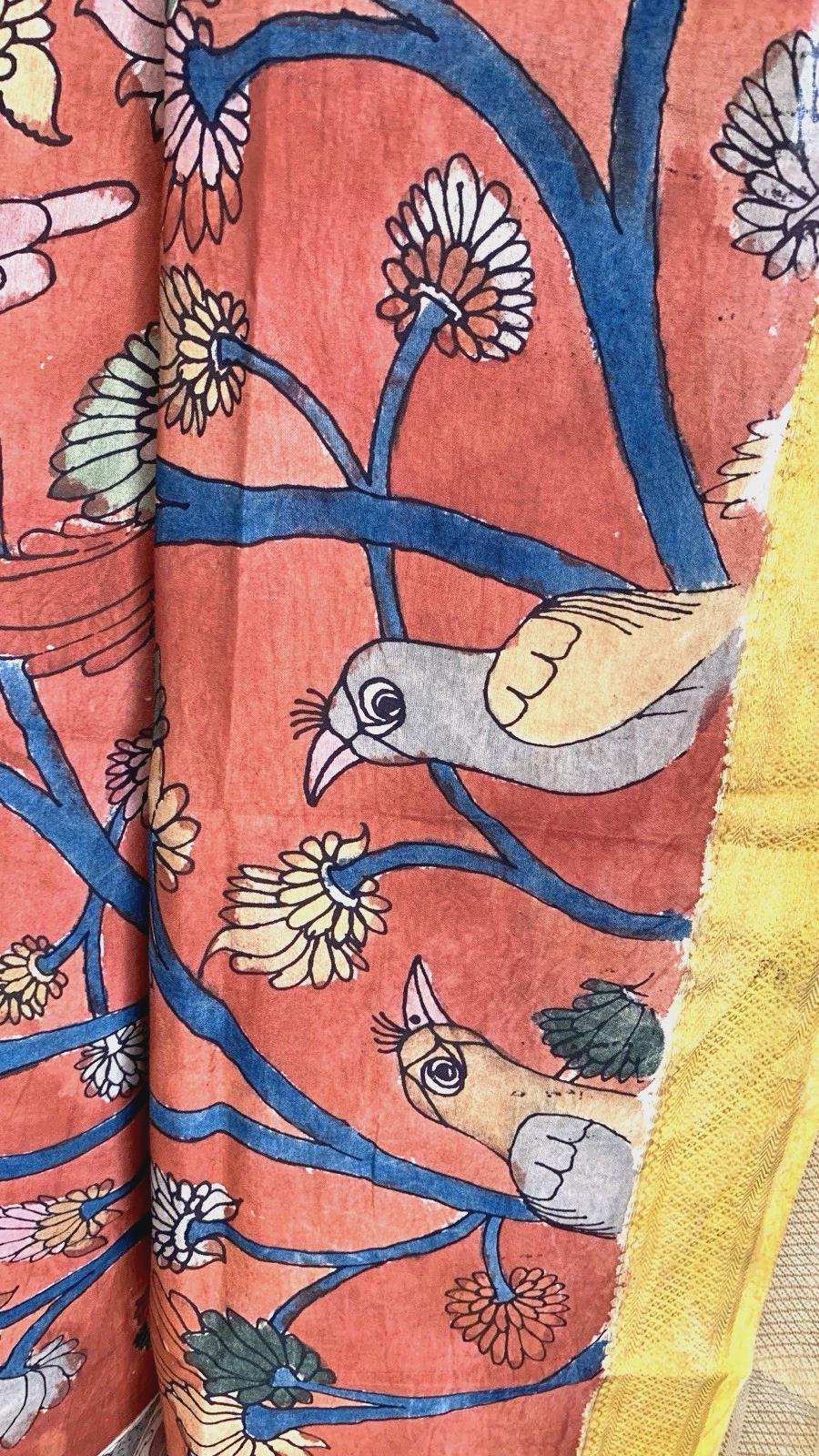 Brick Red Pen Kalamkari Silk Dupatta