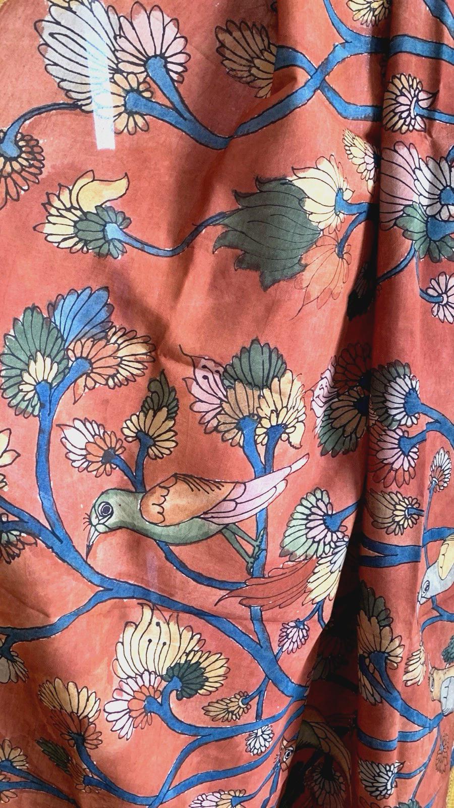 Brick Red Pen Kalamkari Silk Dupatta
