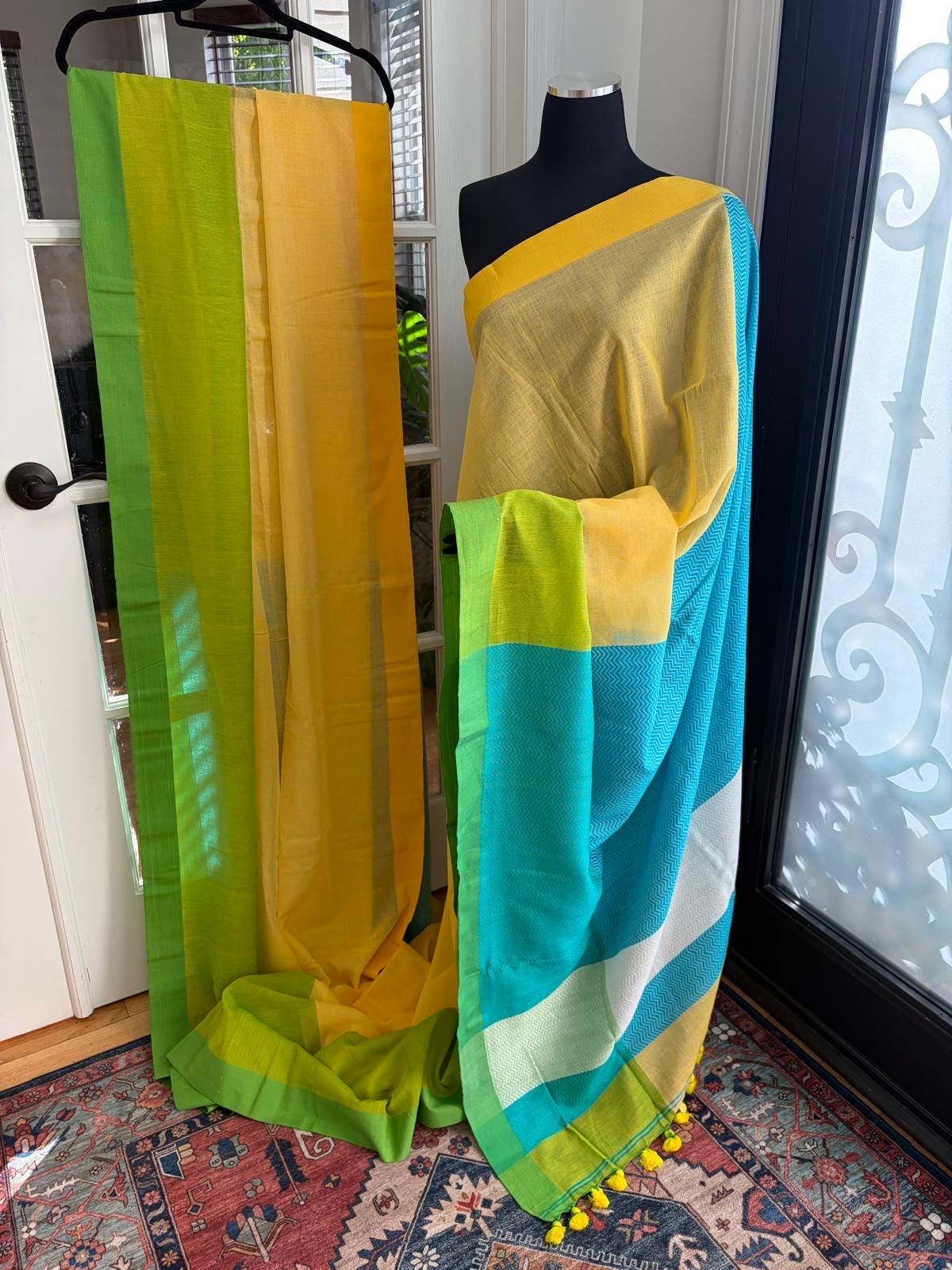 Yellow Cotton Saree with Yellow Tassels