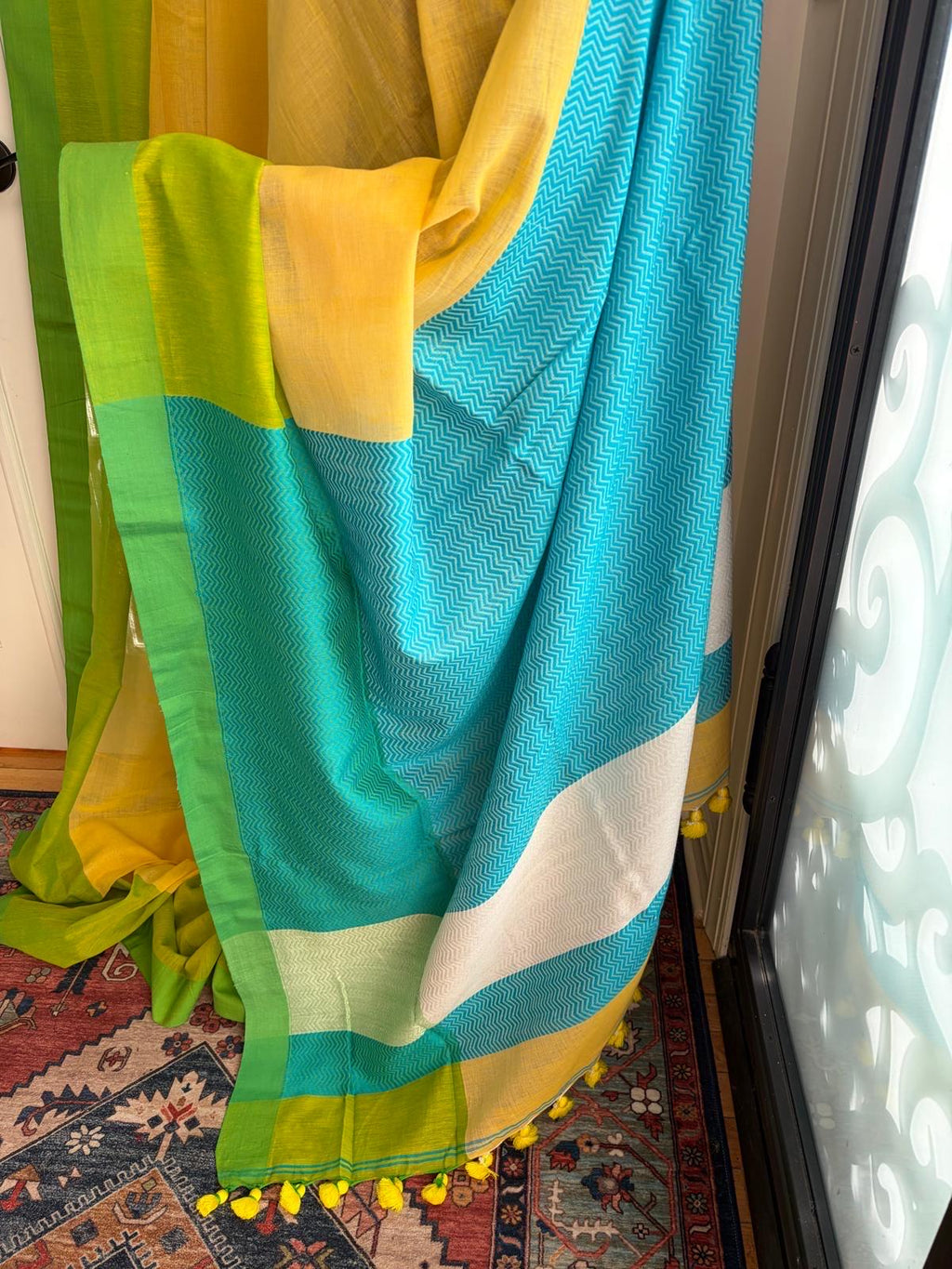Yellow Cotton Saree with Yellow Tassels