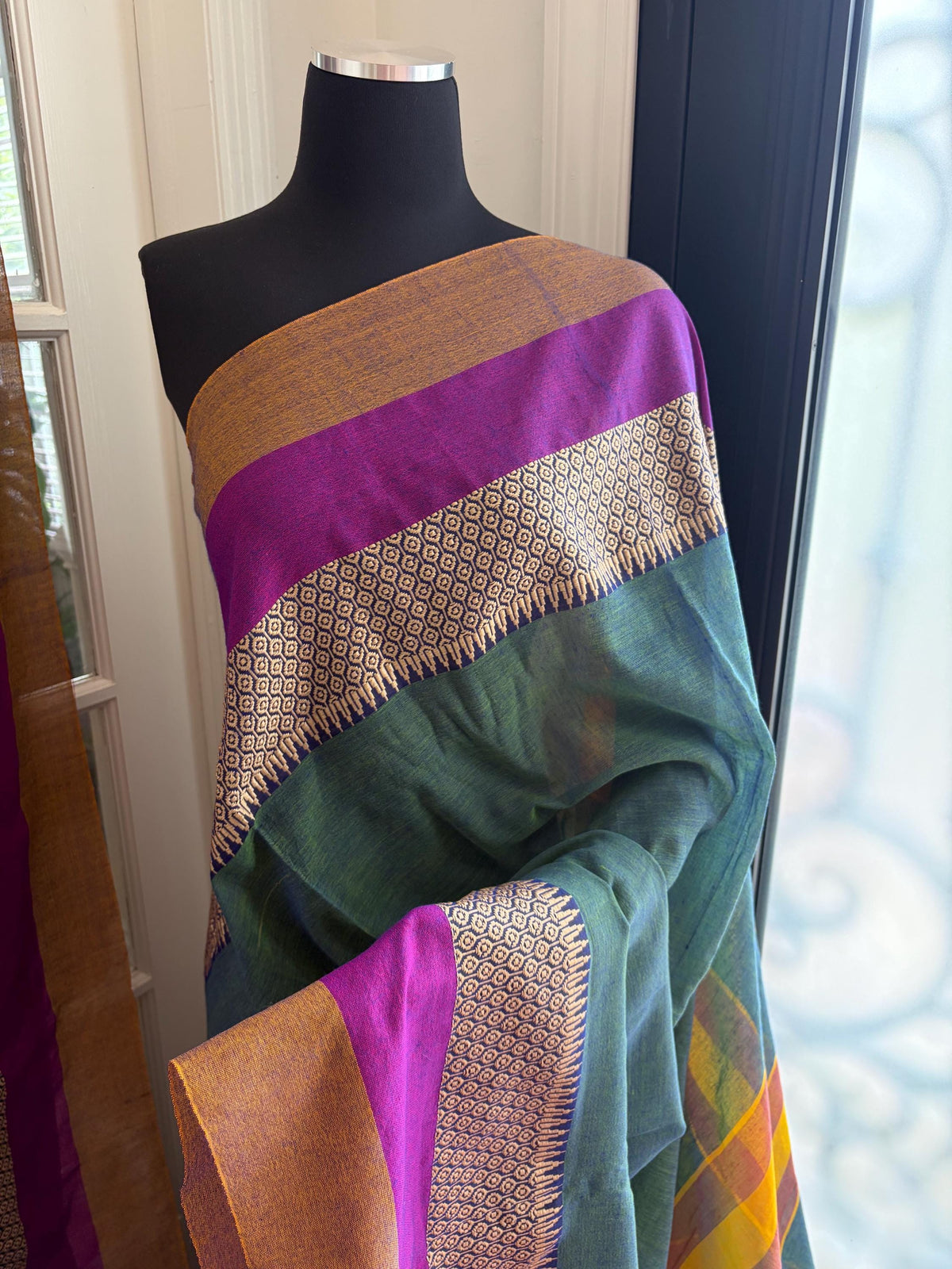 Teal Green Cotton Handloom Saree