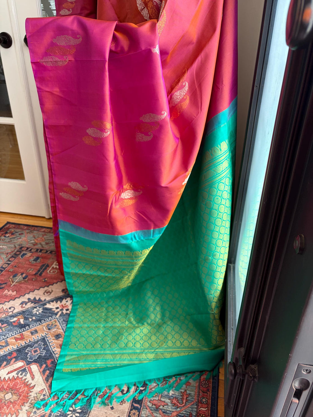 Sari en soie Kanchipuram tissé à la main, rouge brique, pour mariée