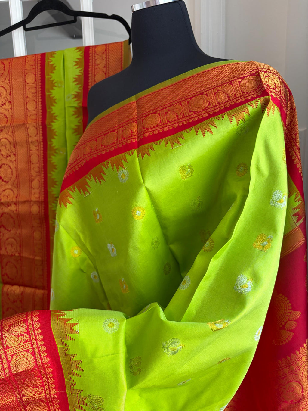 Lime Green and Red Gadwal Silk Wedding Saree