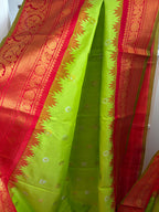 Lime Green and Red Gadwal Silk Wedding Saree