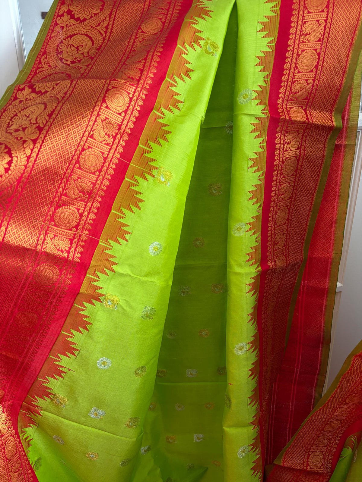 Lime Green and Red Gadwal Silk Wedding Saree