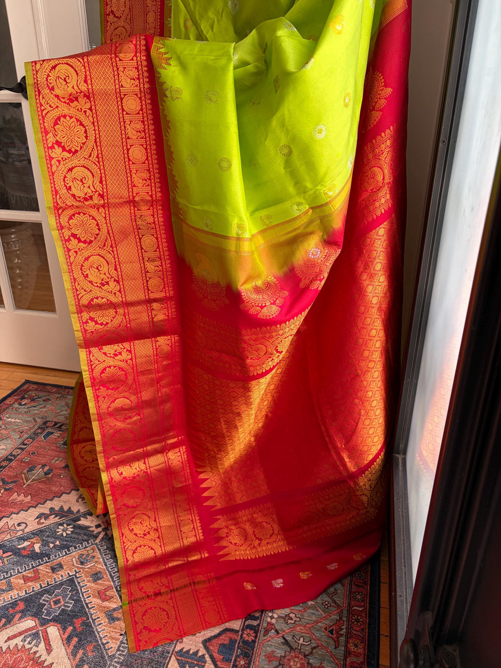 Lime Green and Red Gadwal Silk Wedding Saree