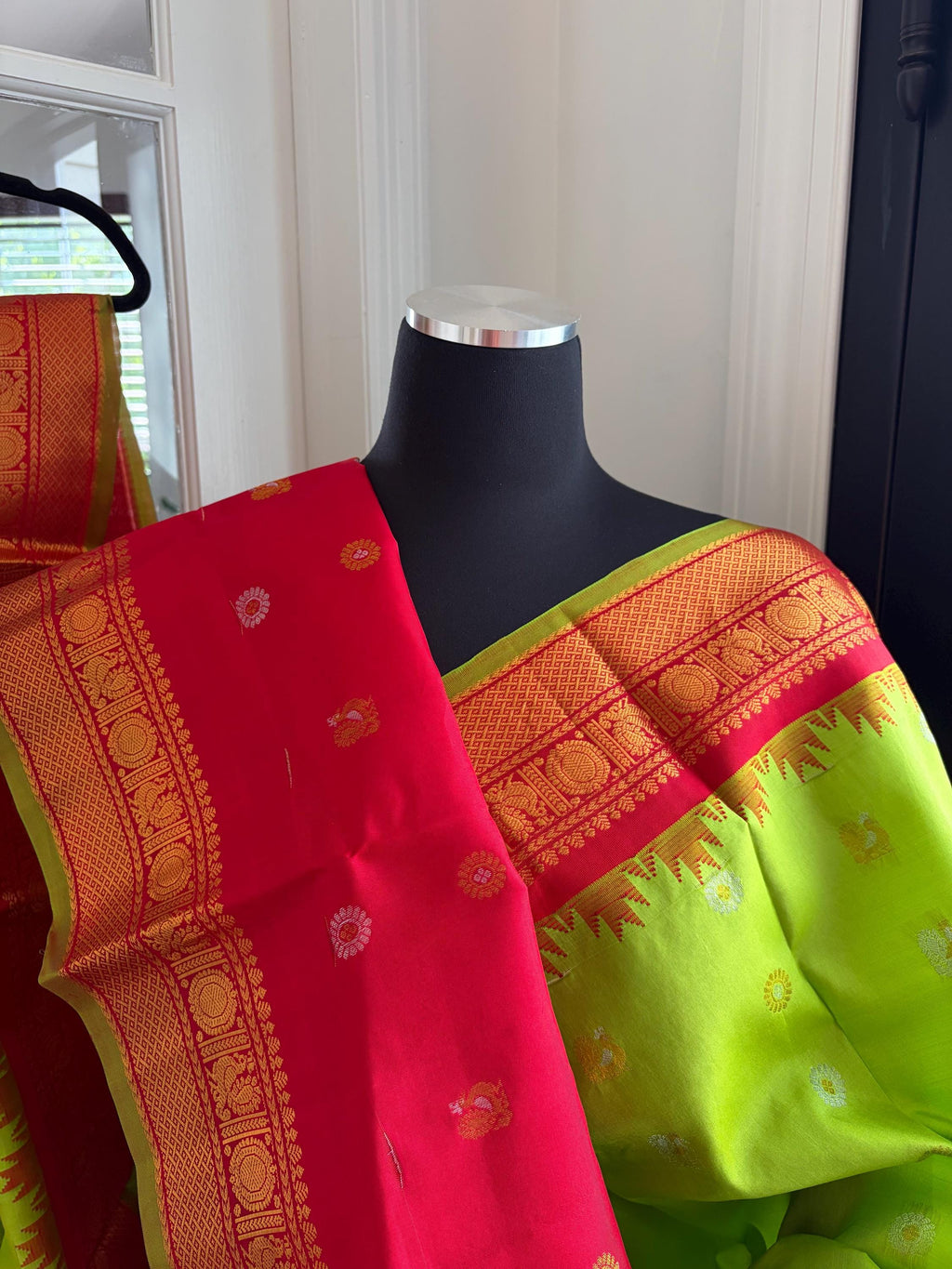 Lime Green and Red Gadwal Silk Wedding Saree