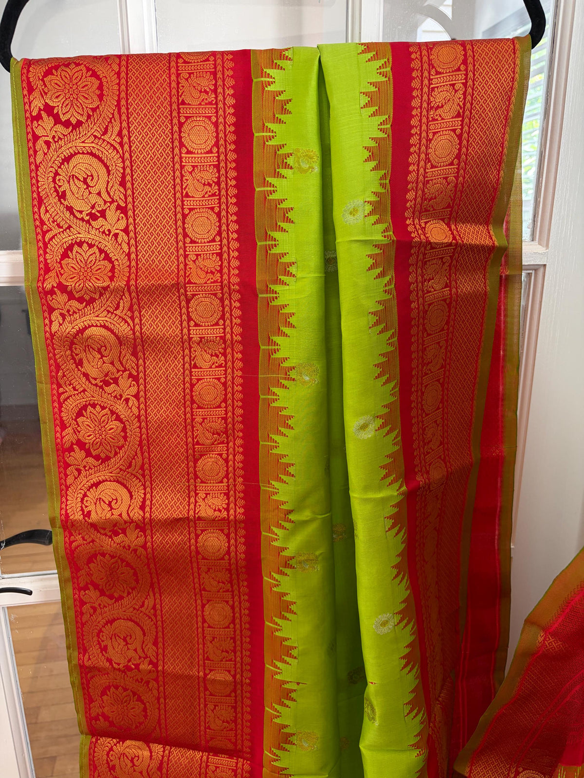 Lime Green and Red Gadwal Silk Wedding Saree