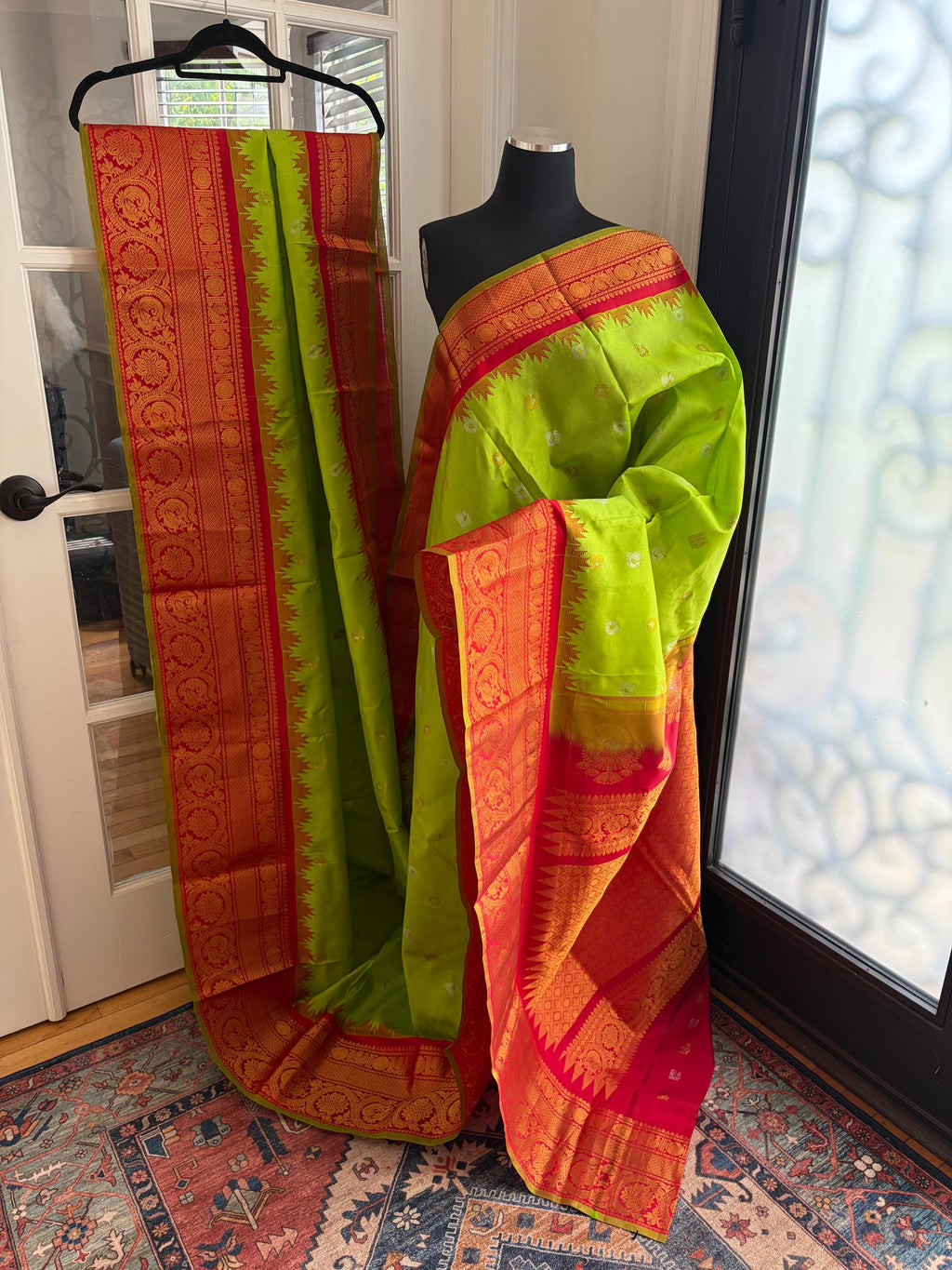 Lime Green and Red Gadwal Silk Wedding Saree