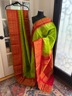 Lime Green and Red Gadwal Silk Wedding Saree