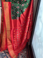 Sari de seda Ikat Pochampally verde esmeralda y rojo