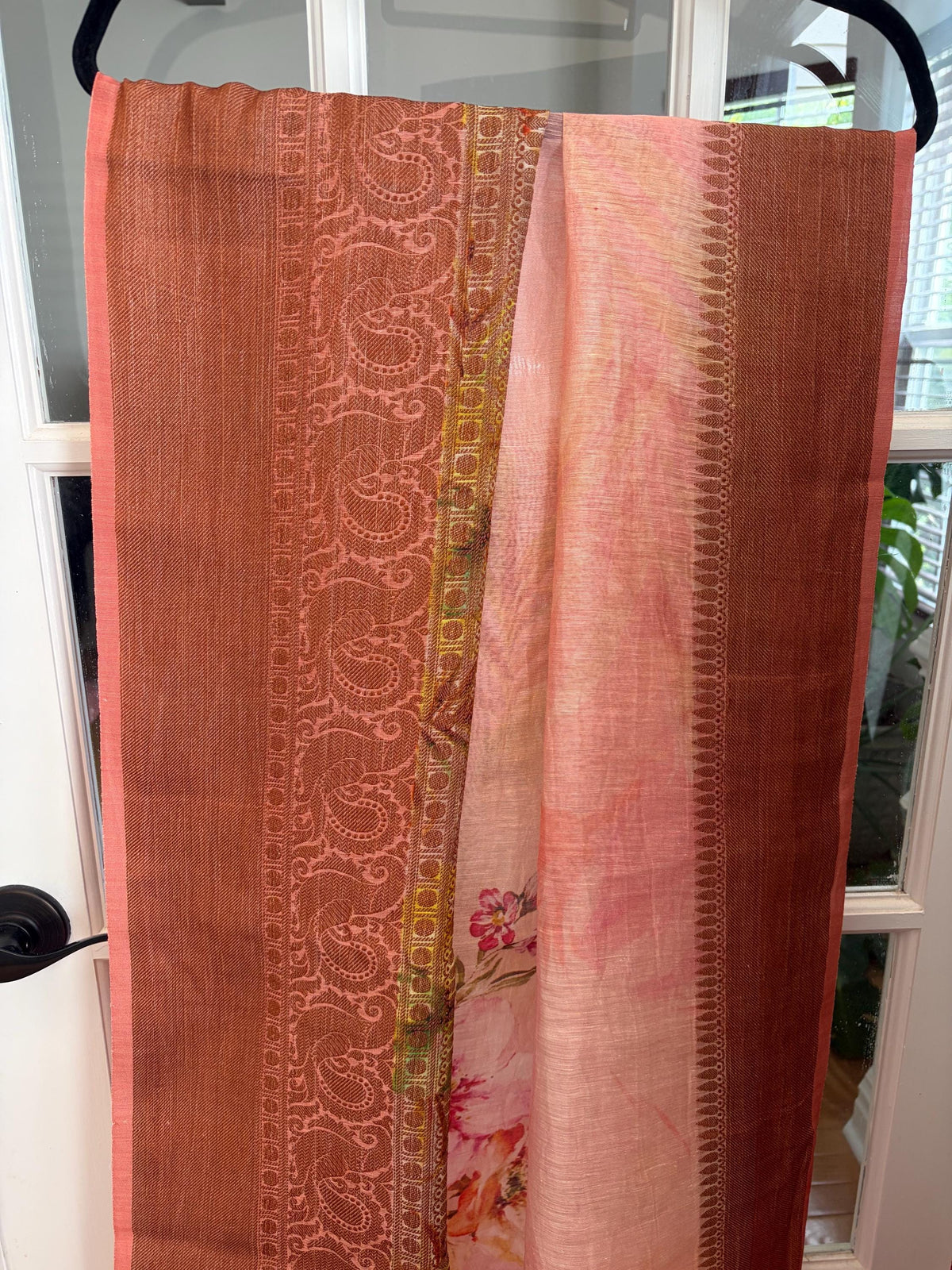 Beige Floral Printed Linen Silk Saree