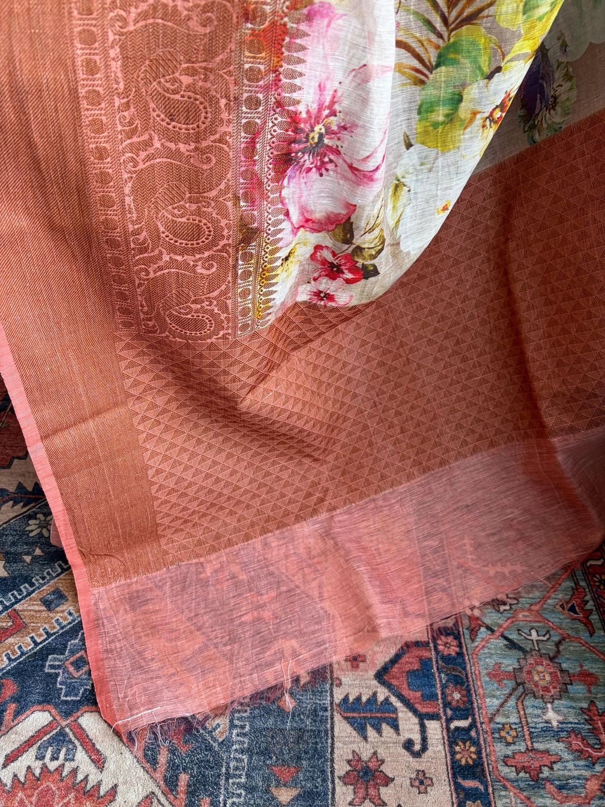 Beige Floral Printed Linen Silk Saree