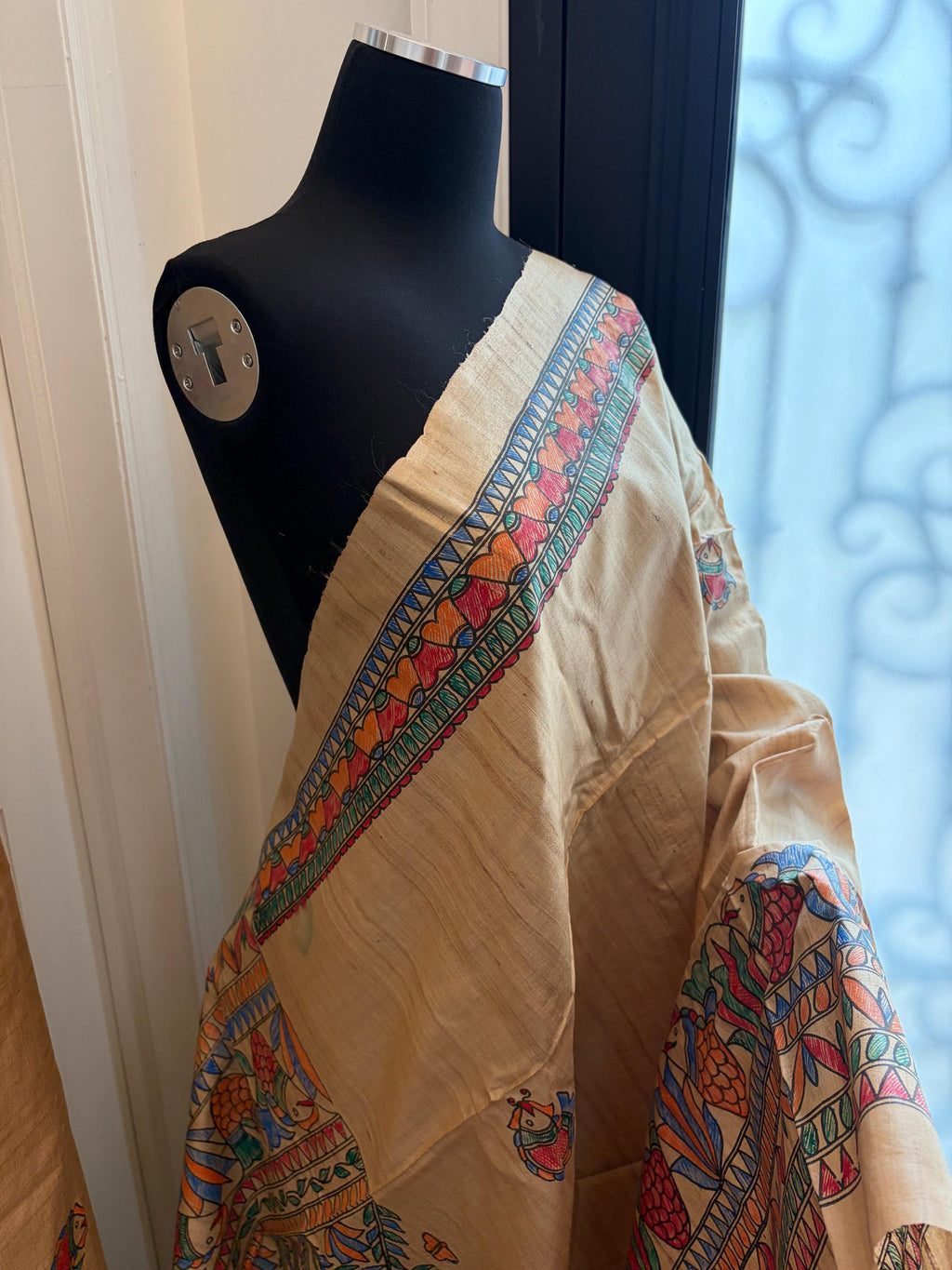 Beige Tussar Silk Saree with Madhubani Painted Border