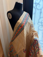 Beige Tussar Silk Saree with Madhubani Painted Border