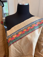Beige Tussar Silk Saree with Madhubani Painted Border