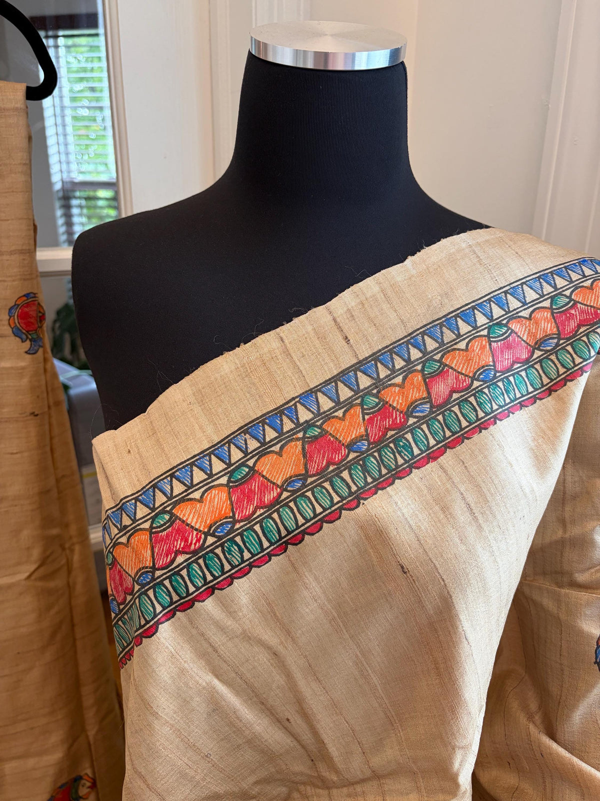 Beige Tussar Silk Saree with Madhubani Painted Border